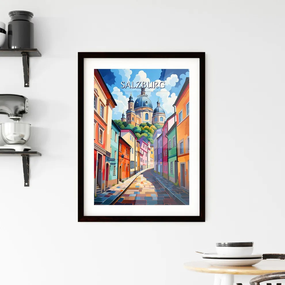 Salzburg, Austria - Art print of a colorful city street with a building on top Custom Print