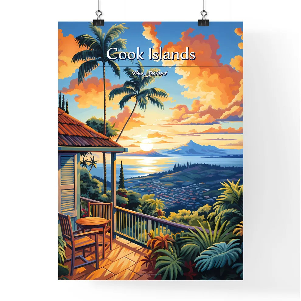 On the roofs of Cook Islands, New Zealand - Art print of a painting of a house overlooking a valley with palm trees and a sunset Poster