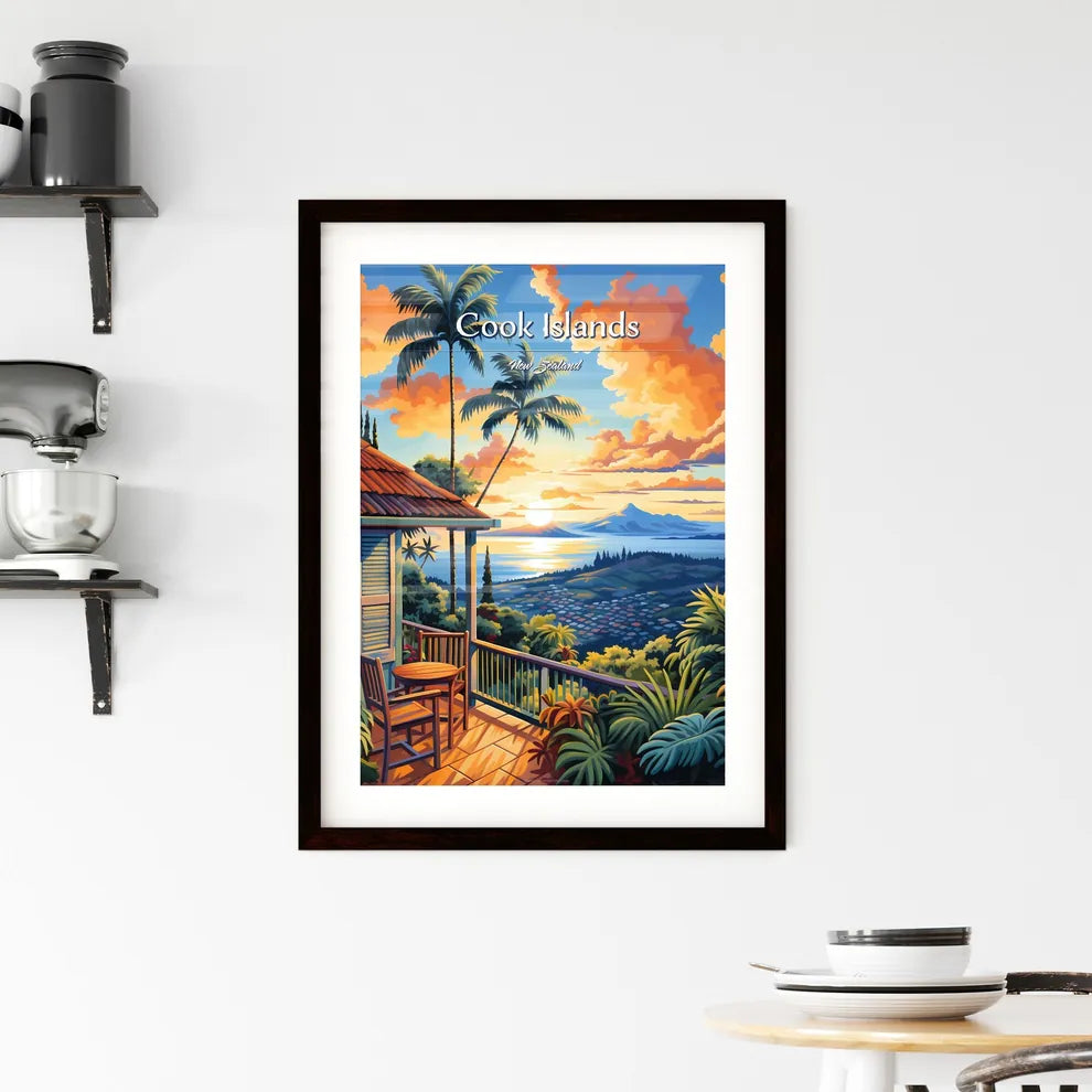 On the roofs of Cook Islands, New Zealand - Art print of a painting of a house overlooking a valley with palm trees and a sunset Custom Print