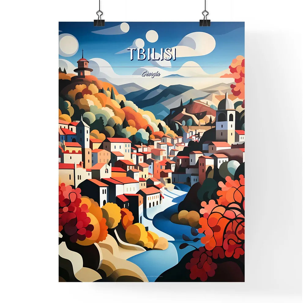 Tbilisi, Georgia - Art print of a painting of a town with a river and trees Poster