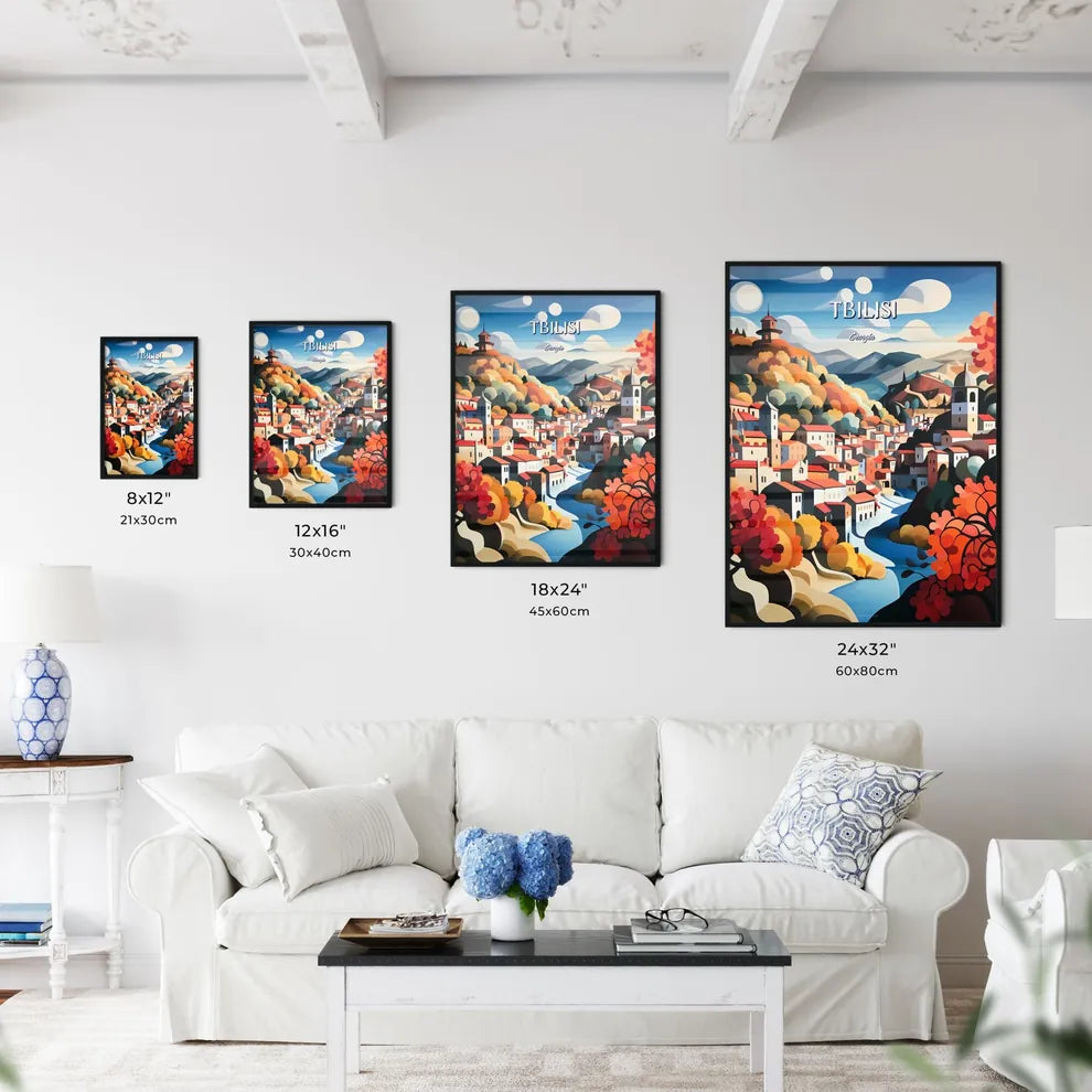 Tbilisi, Georgia - Art print of a painting of a town with a river and trees Size Chart