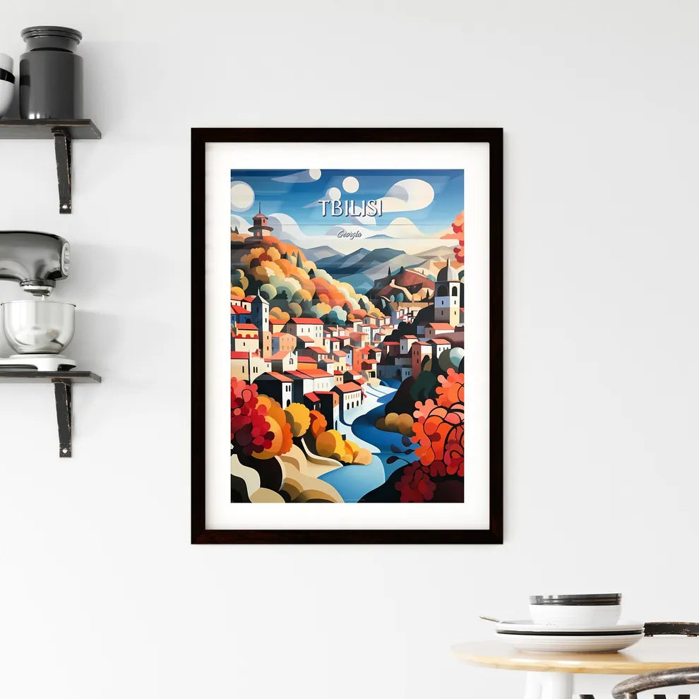 Tbilisi, Georgia - Art print of a painting of a town with a river and trees Custom Print