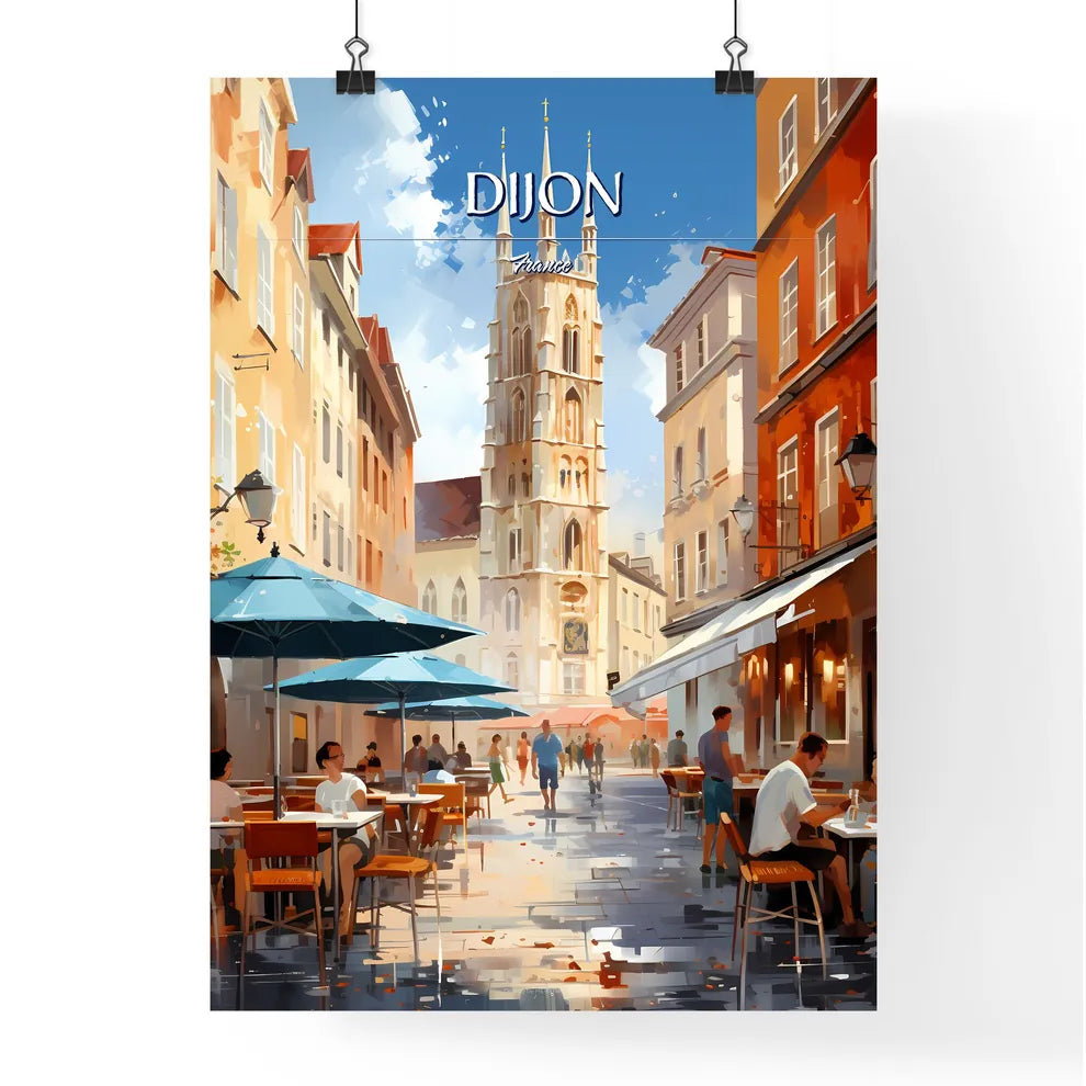 Dijon, France - Art print of a street with tables and umbrellas and people sitting at tables Poster