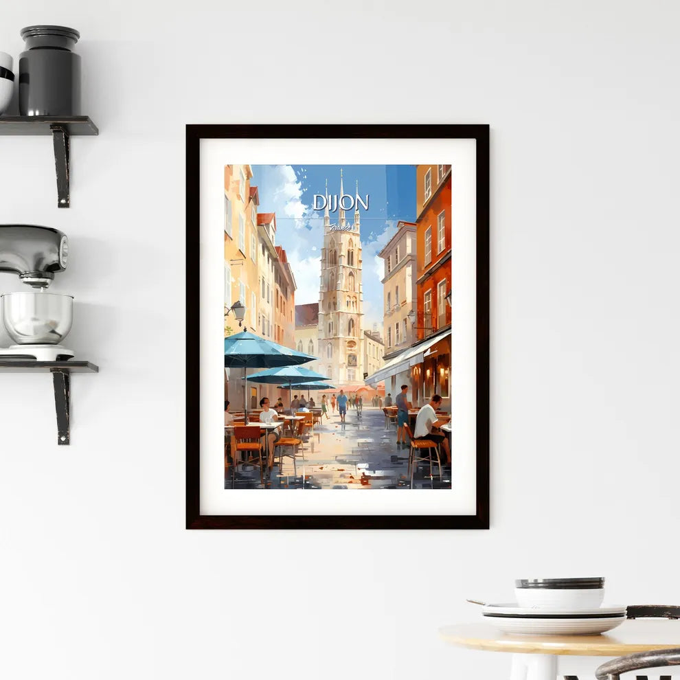 Dijon, France - Art print of a street with tables and umbrellas and people sitting at tables Custom Print