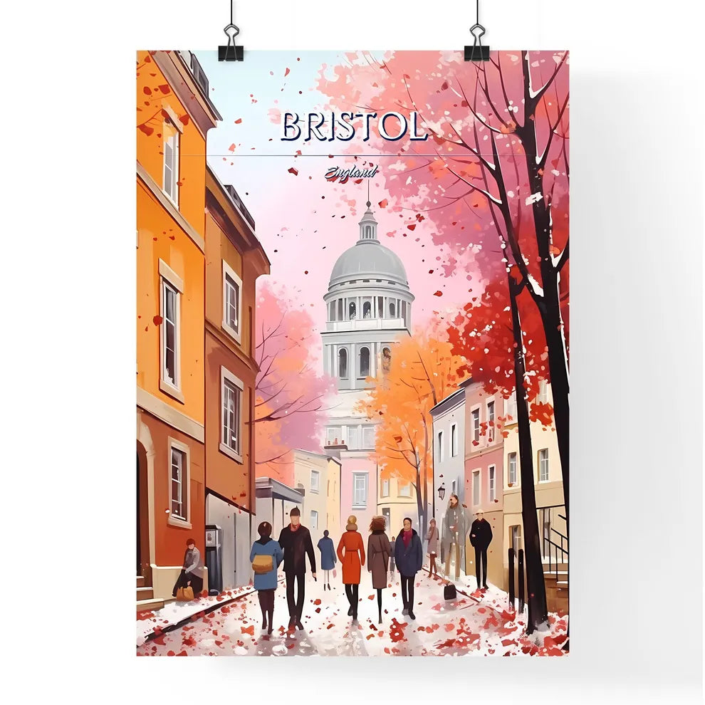 Bristol, England - Art print of a group of people walking down a street with buildings and trees Poster