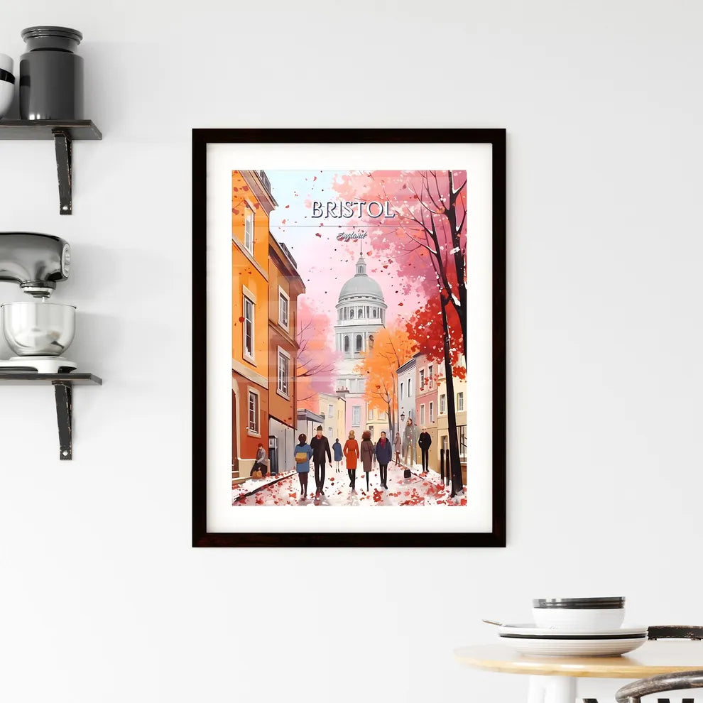 Bristol, England - Art print of a group of people walking down a street with buildings and trees Custom Print