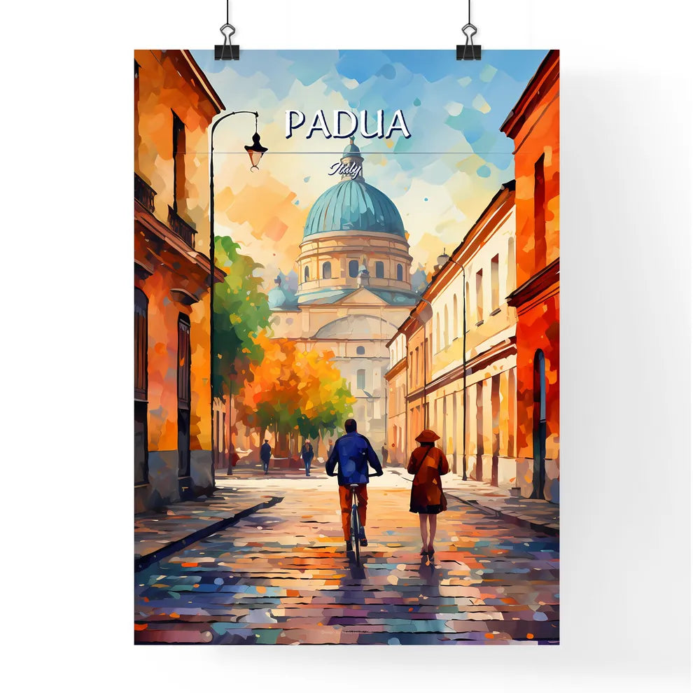 Padua, Italy - Art print of a man and woman walking down a street with a building in the background Poster