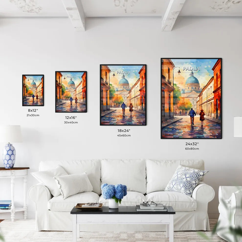 Padua, Italy - Art print of a man and woman walking down a street with a building in the background Size Chart