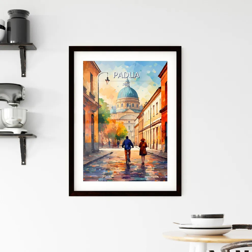 Padua, Italy - Art print of a man and woman walking down a street with a building in the background Custom Print