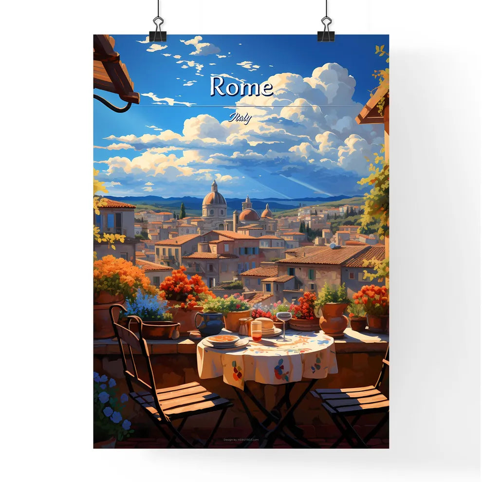 On the roofs of Rome, Italy - Art print of a table with chairs and flowers on it Poster