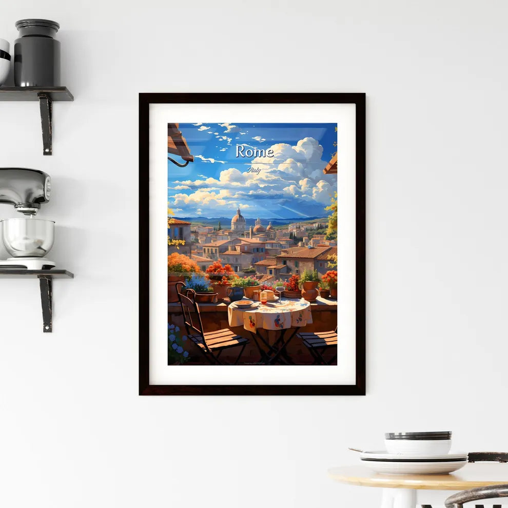On the roofs of Rome, Italy - Art print of a table with chairs and flowers on it Custom Print