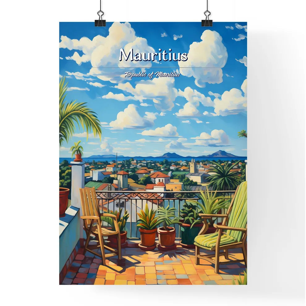 On the roofs of Mauritius, Republic of Mauritius - Art print of a painting of a balcony with chairs and plants Poster