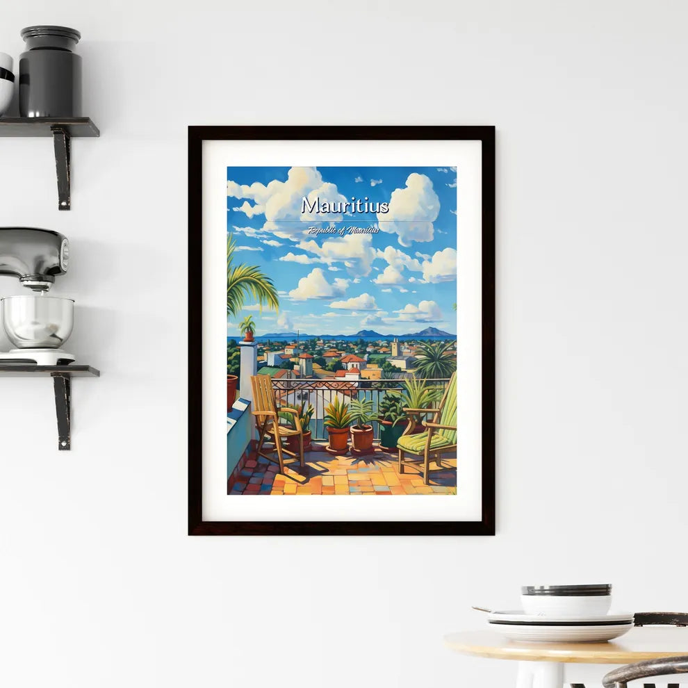 On the roofs of Mauritius, Republic of Mauritius - Art print of a painting of a balcony with chairs and plants Custom Print