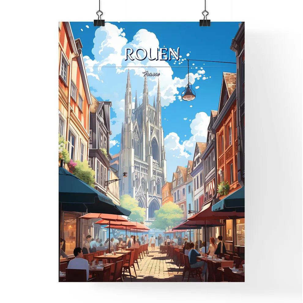 Rouen, France - Art print of a street with people sitting at tables and umbrellas Poster
