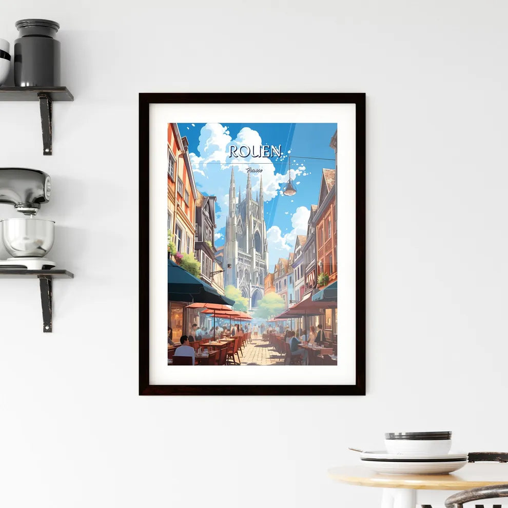 Rouen, France - Art print of a street with people sitting at tables and umbrellas Custom Print