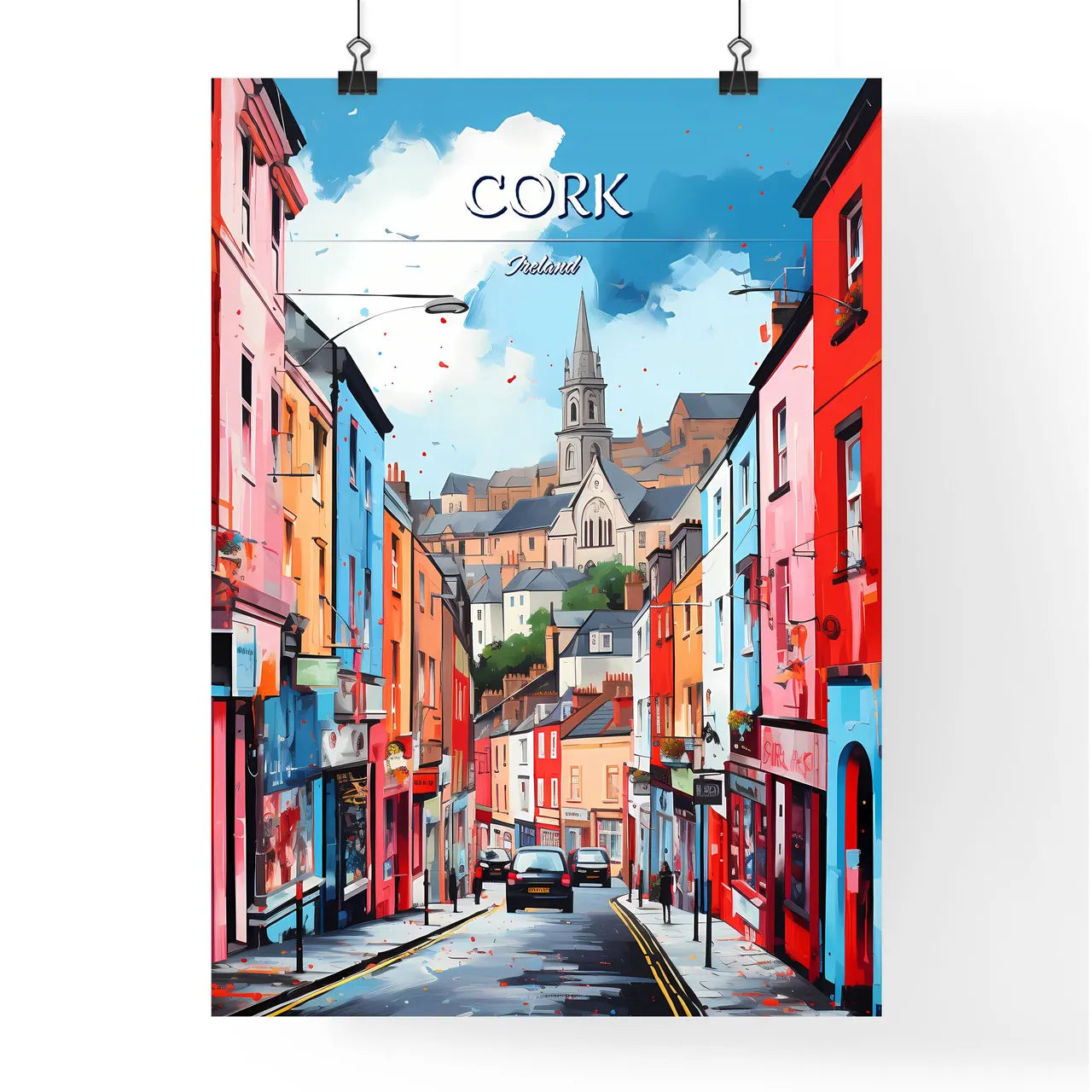 Cork, Ireland - Art print of a street with buildings and cars Poster
