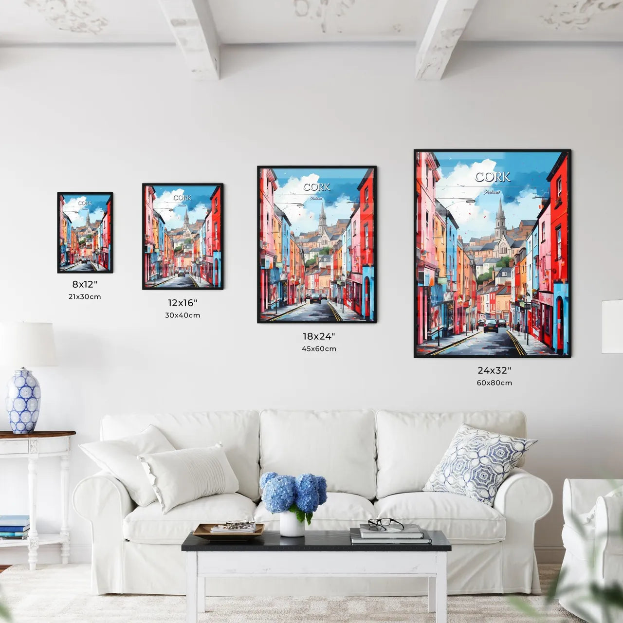 Cork, Ireland - Art print of a street with buildings and cars Size Chart