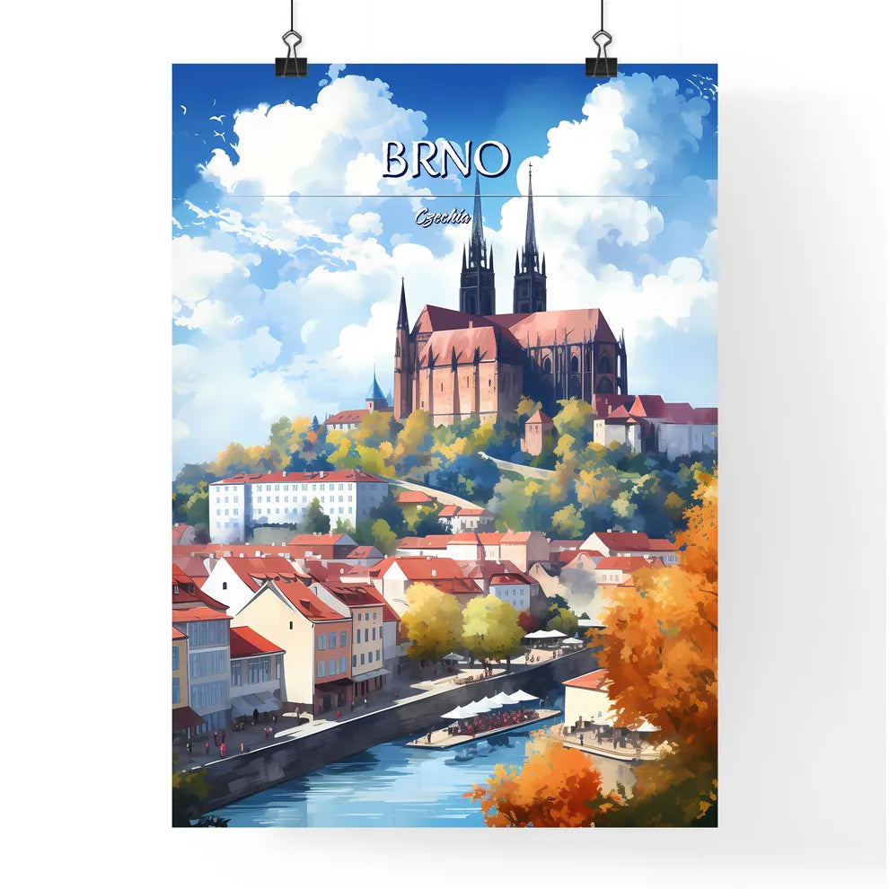 Brno, Czechia - Art print of a city with a castle and a river Poster