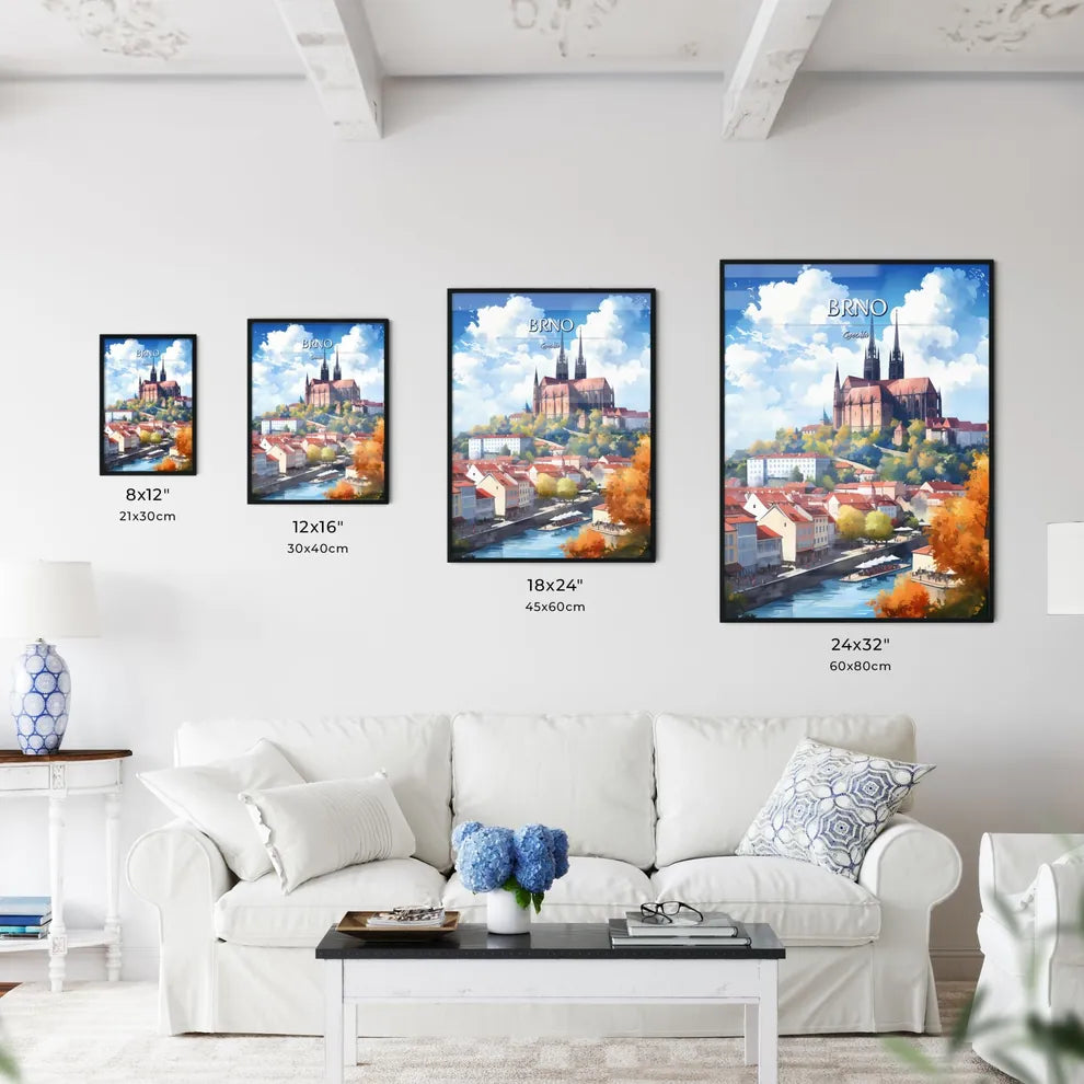 Brno, Czechia - Art print of a city with a castle and a river Size Chart