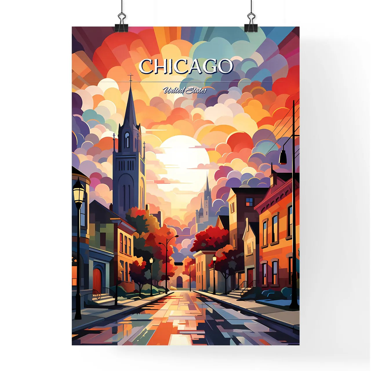 Chicago - Art print of a street with buildings and a colorful sky Poster