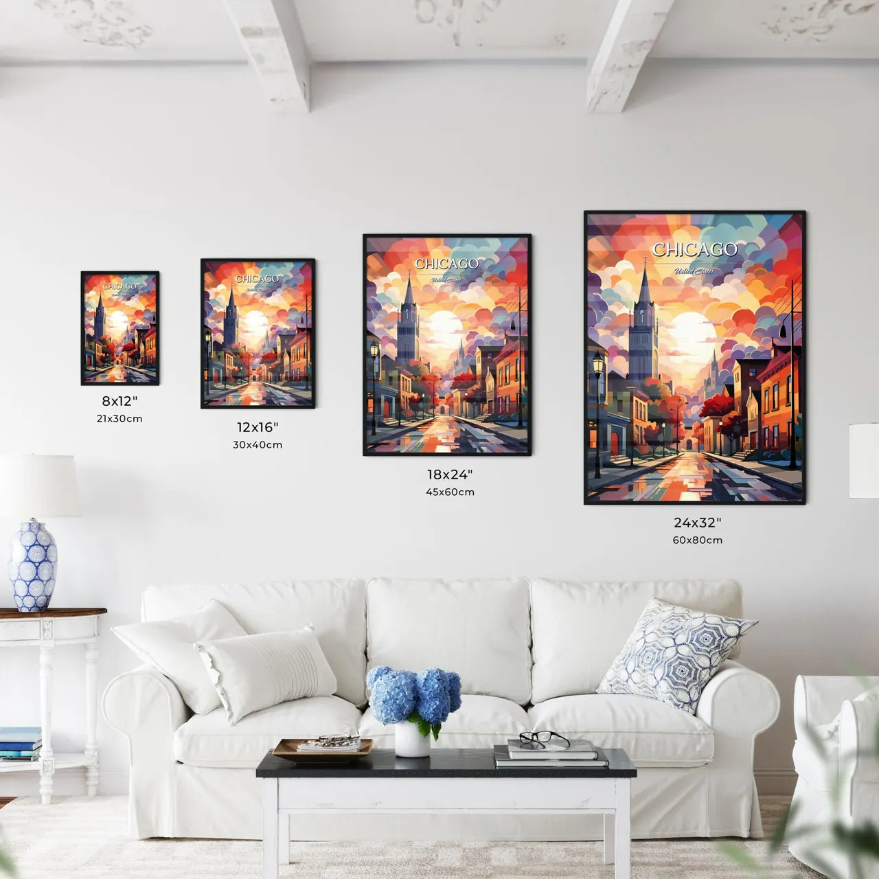 Chicago - Art print of a street with buildings and a colorful sky Size Chart