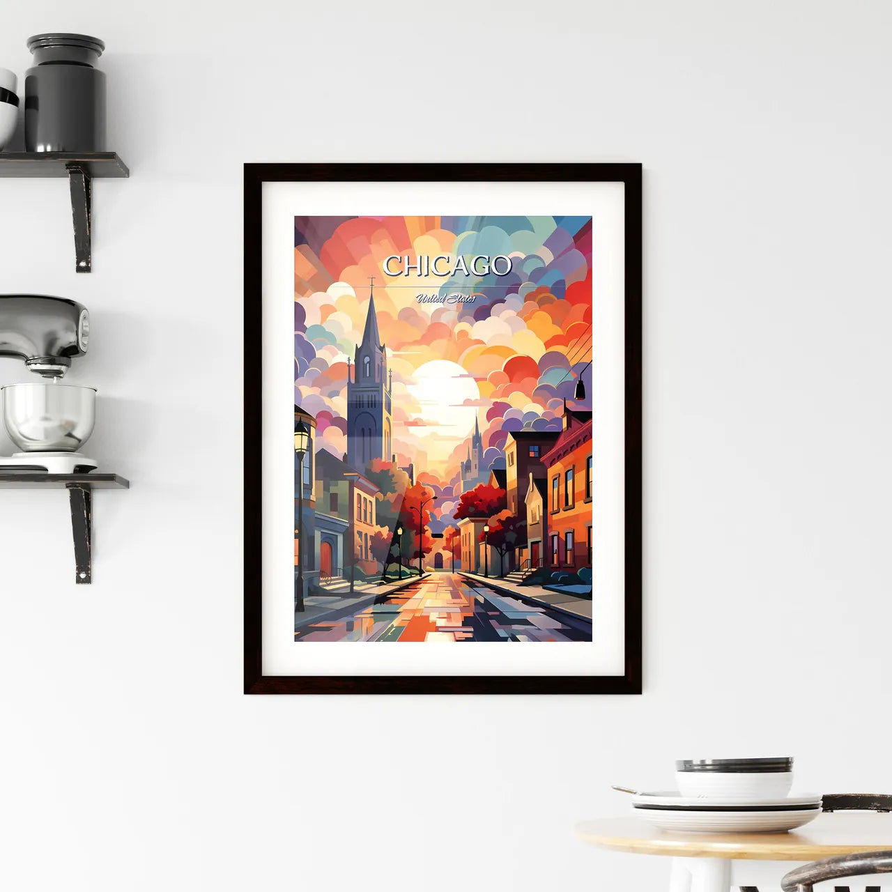 Chicago - Art print of a street with buildings and a colorful sky Custom Print