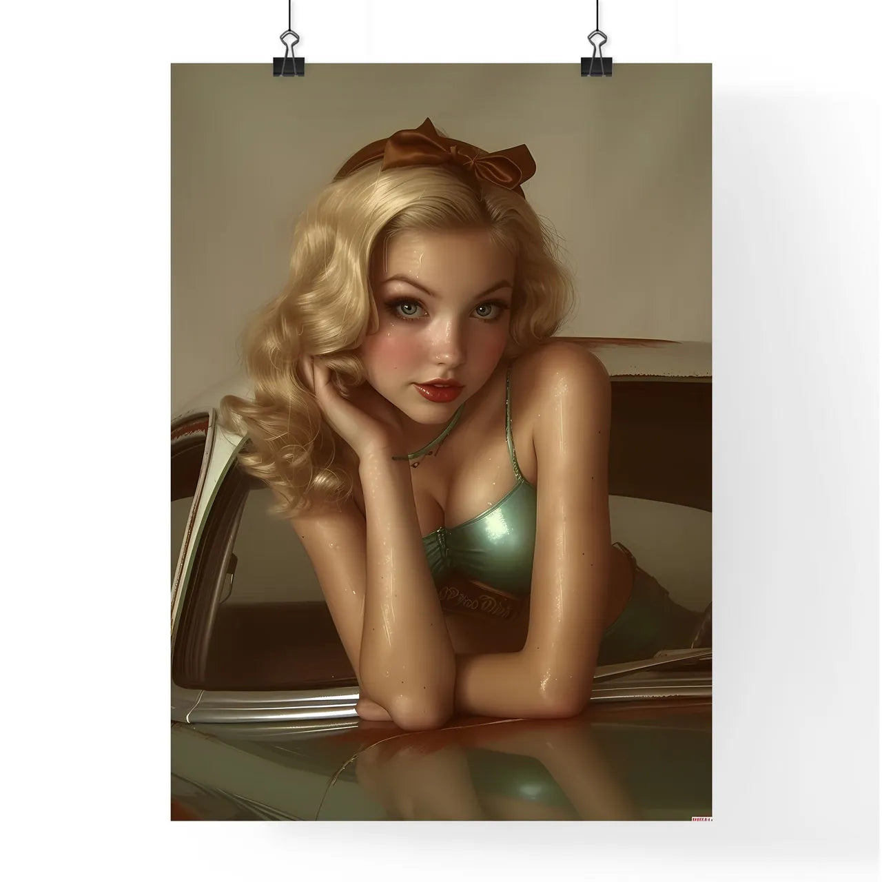 The vintage pin up girl leaning on a car - A Poster