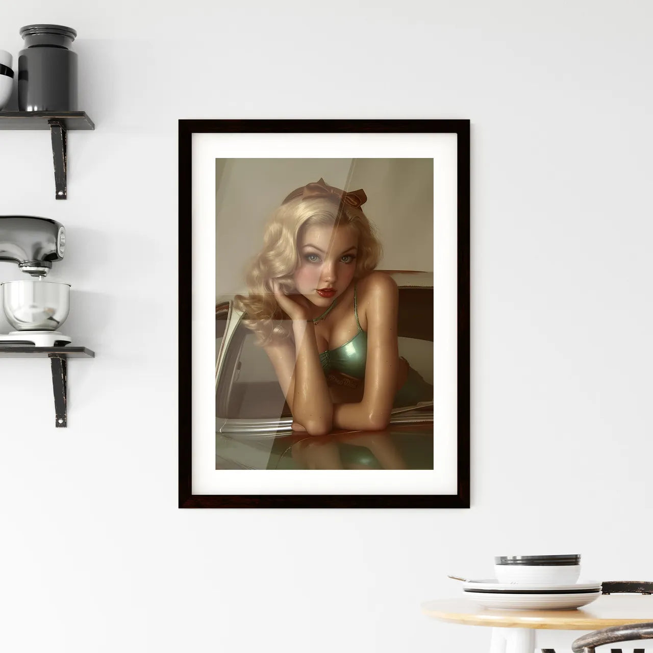 The vintage pin up girl leaning on a car - A Framed Print