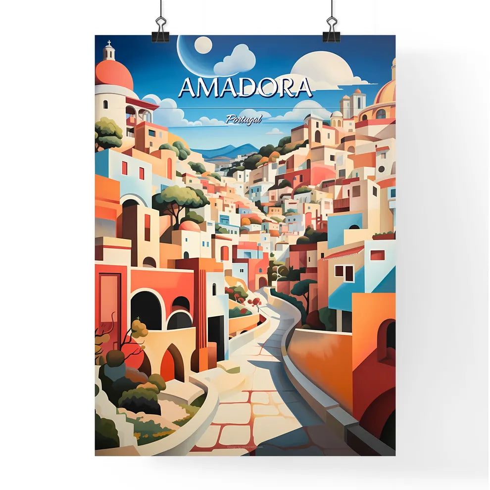 Amadora, Portugal - Art print of a painting of a colorful city Poster