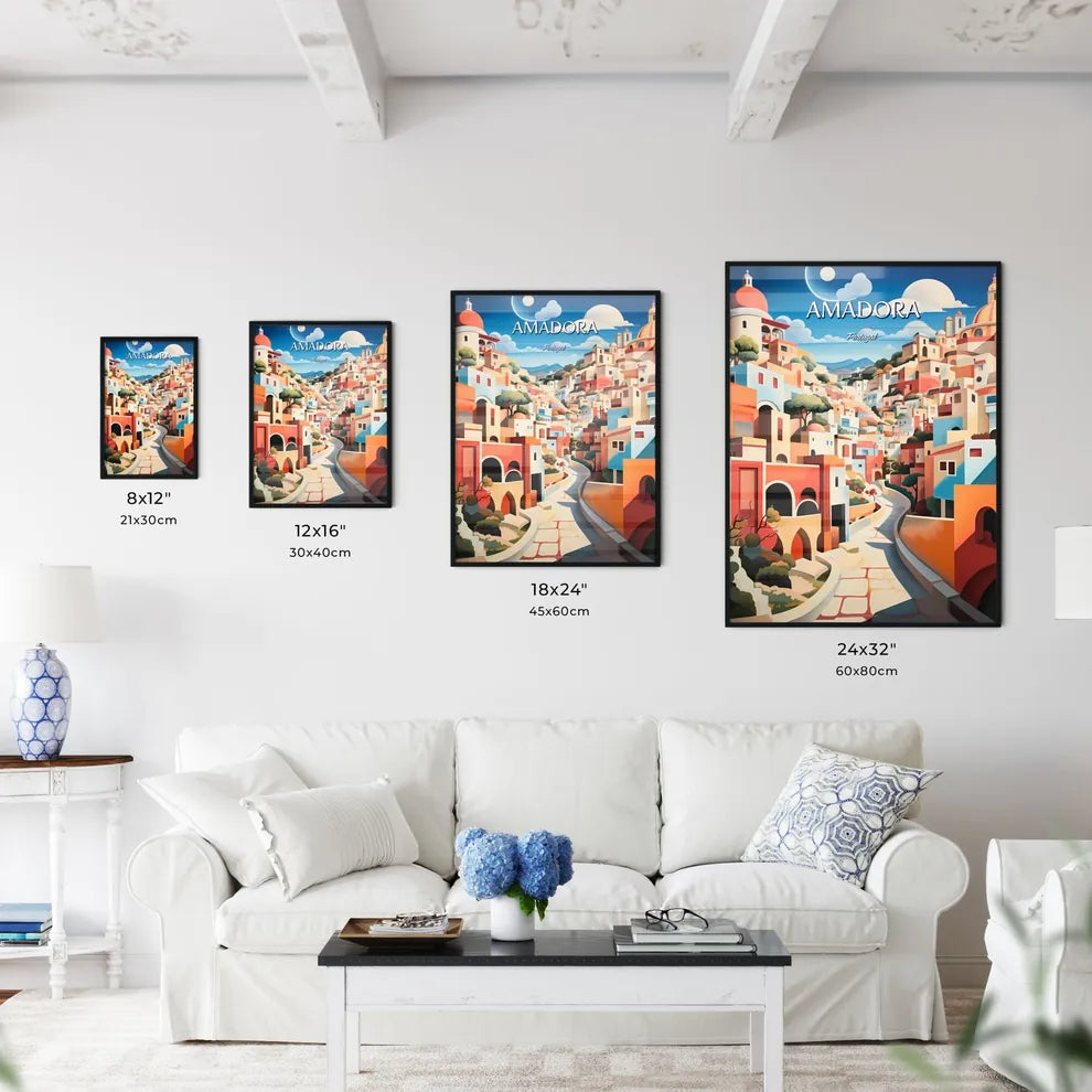 Amadora, Portugal - Art print of a painting of a colorful city Size Chart
