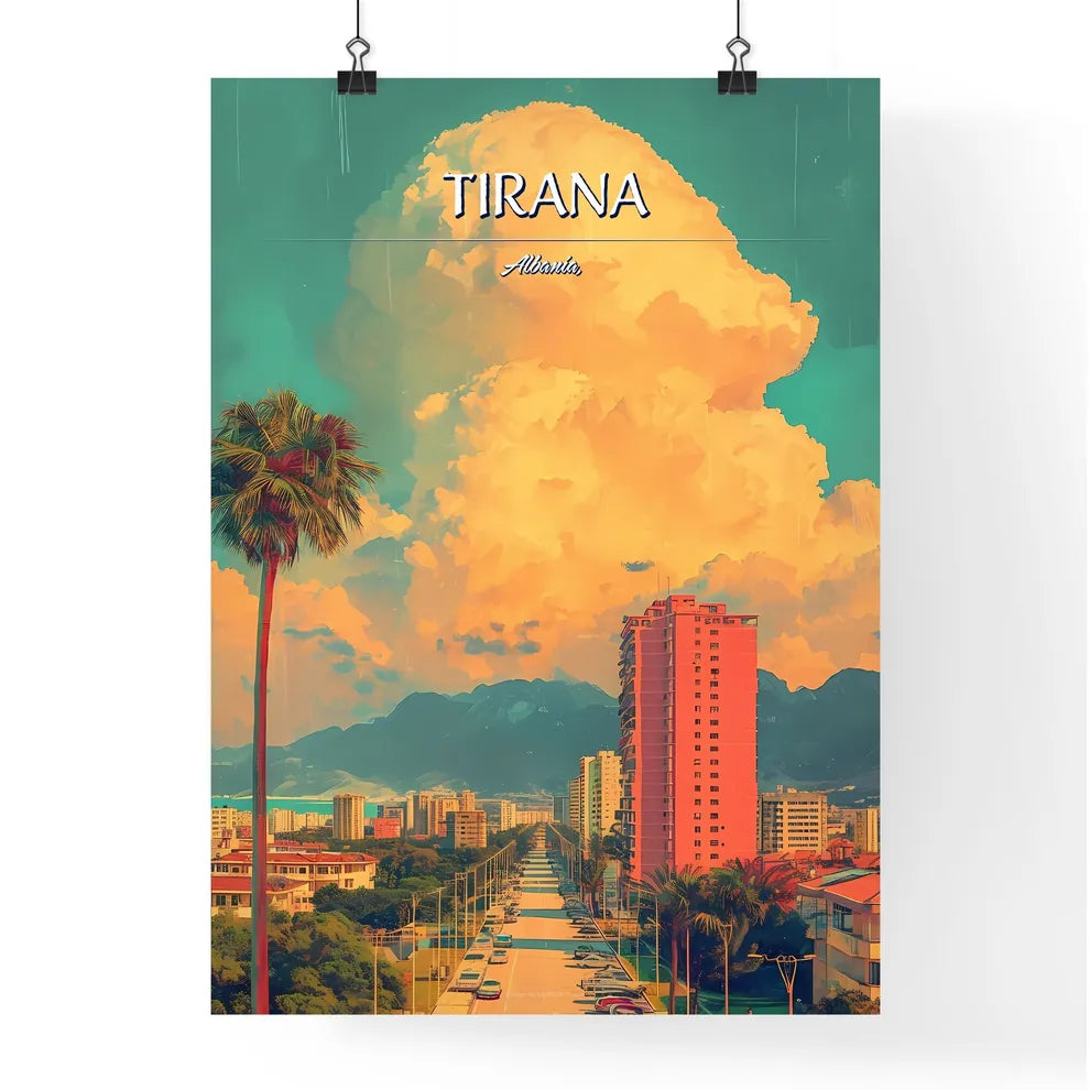 Tirana, Albania, - Art print of a palm trees and a road with buildings in the background Poster