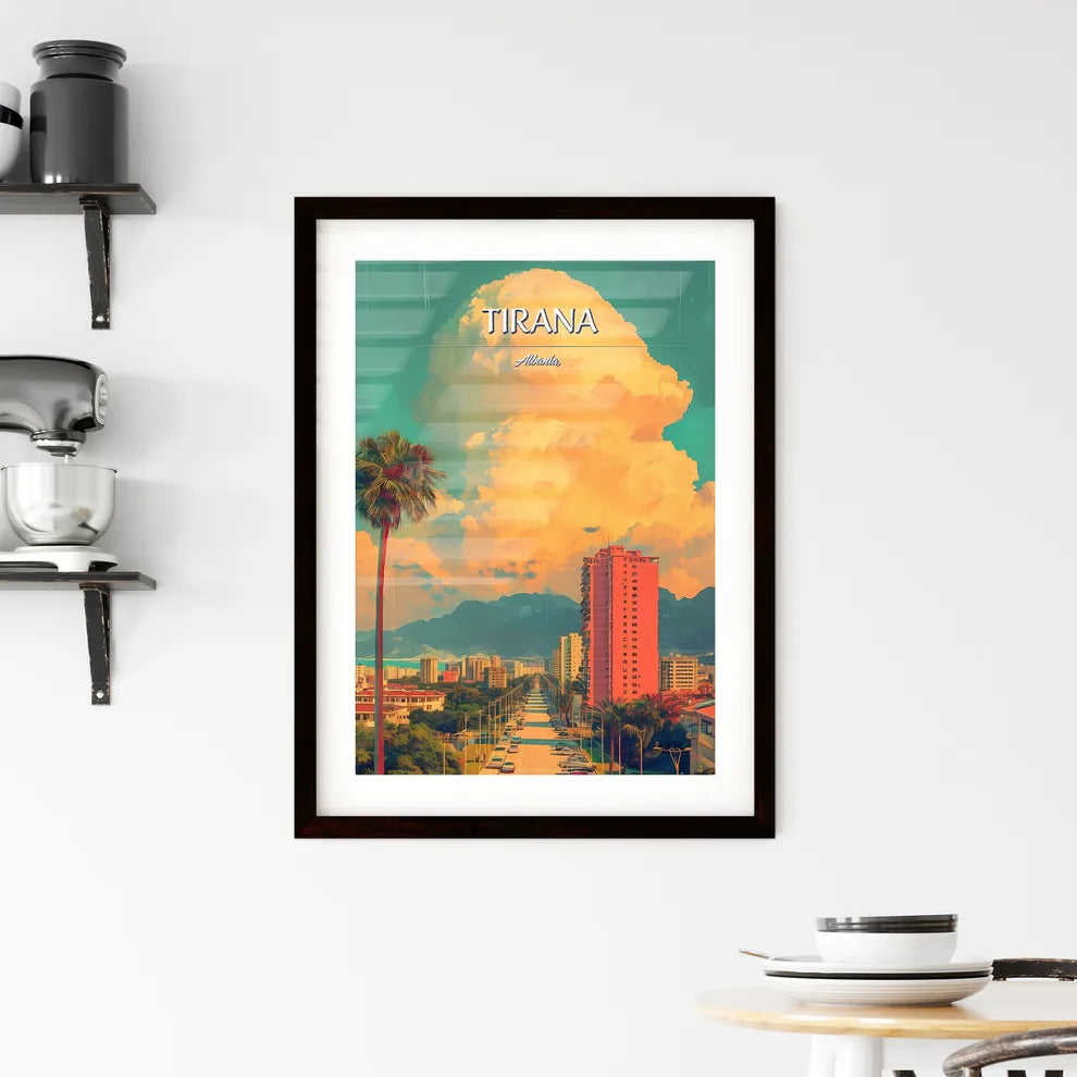 Tirana, Albania, - Art print of a palm trees and a road with buildings in the background Custom Print