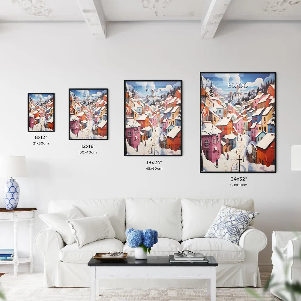 Espoo, Finland - Art print of a painting of a town with snow on it Size Chart