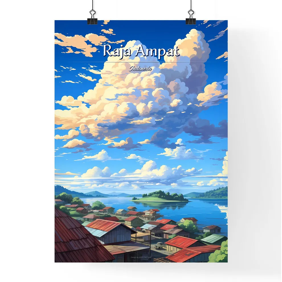 On the roofs of Raja Ampat, Indonesia - Art print of a landscape of a village with a body of water and clouds Poster