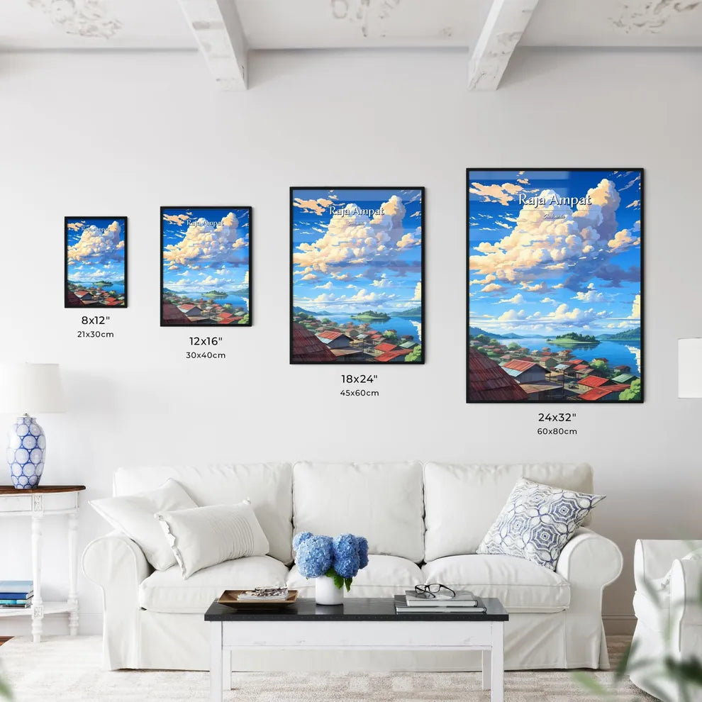 On the roofs of Raja Ampat, Indonesia - Art print of a landscape of a village with a body of water and clouds Size Chart