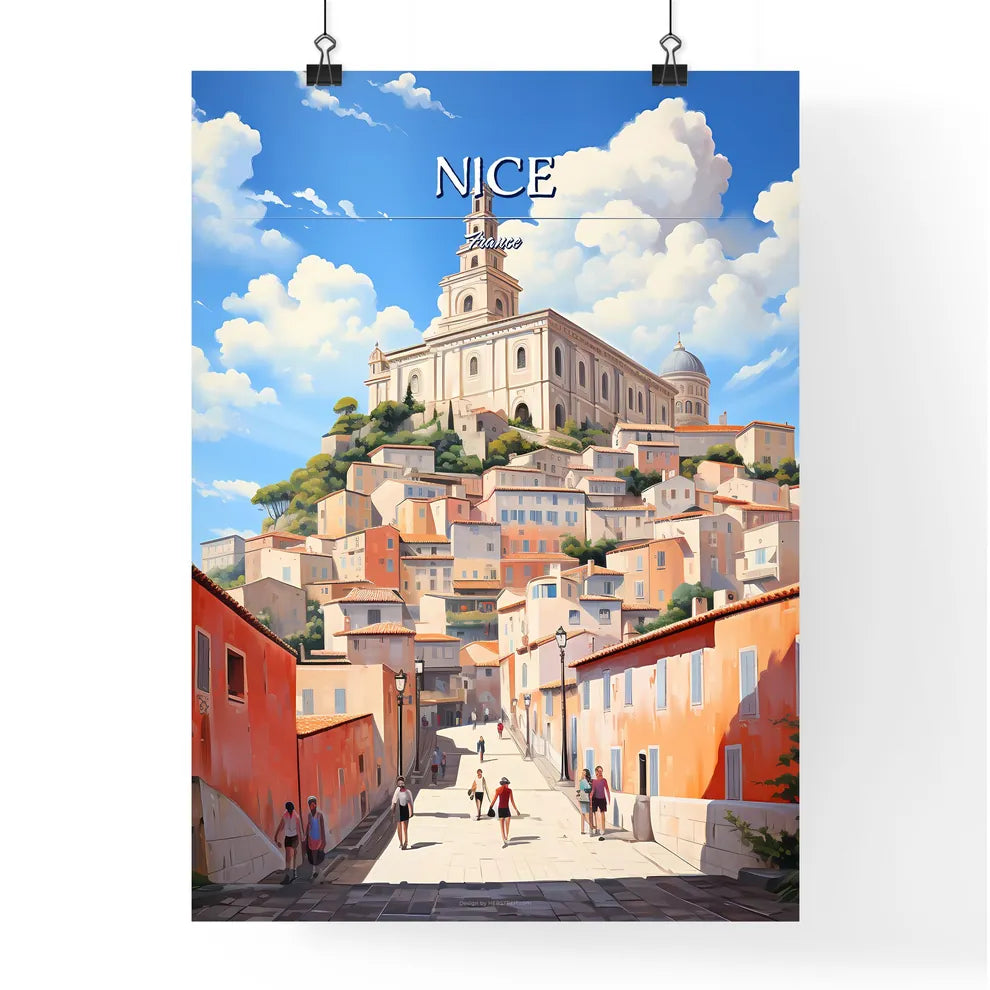 Nice, France - Art print of a street with buildings and a large building on top Poster