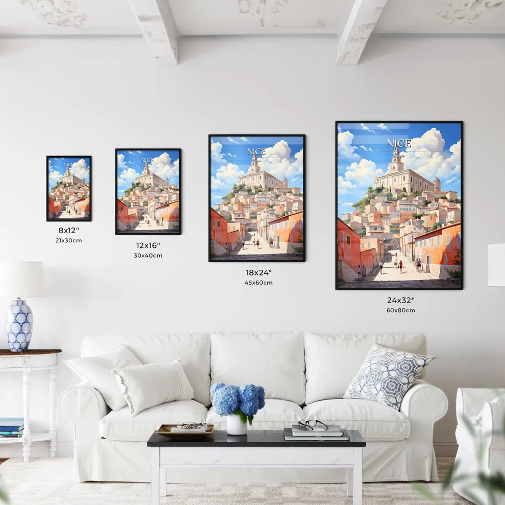 Nice, France - Art print of a street with buildings and a large building on top Size Chart