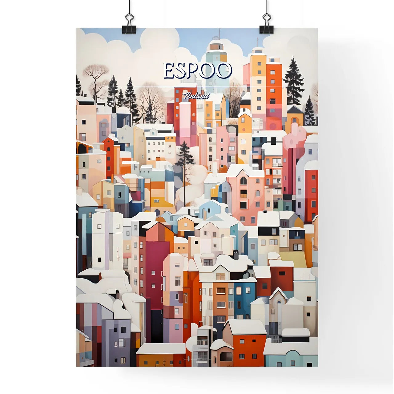 Espoo, Finland - Art print of a painting of a city with snow on it Poster
