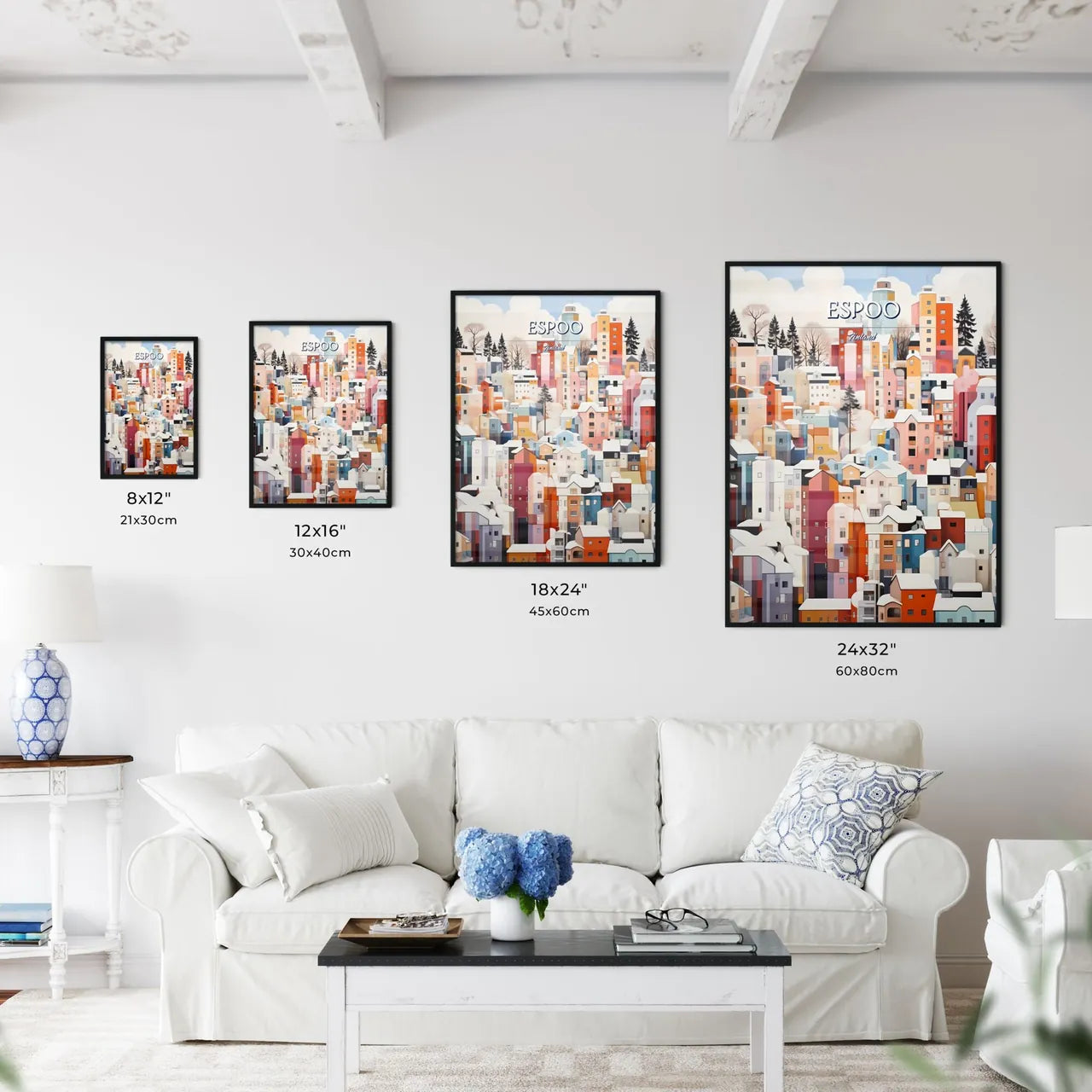 Espoo, Finland - Art print of a painting of a city with snow on it Size Chart