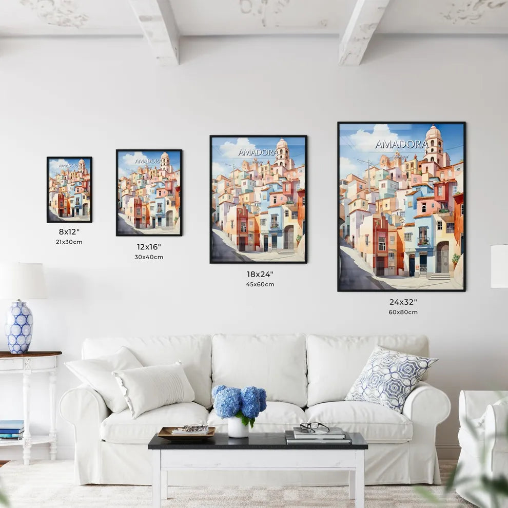 Amadora, Portugal - Art print of a painting of a colorful city Size Chart