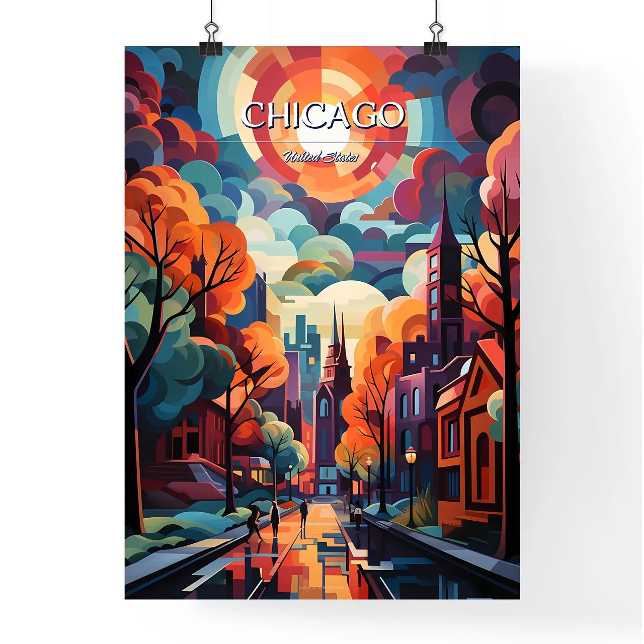 Chicago - Art print of a colorful city landscape with trees and buildings Poster