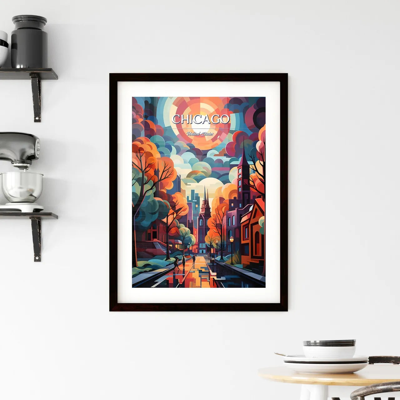 Chicago - Art print of a colorful city landscape with trees and buildings Custom Print