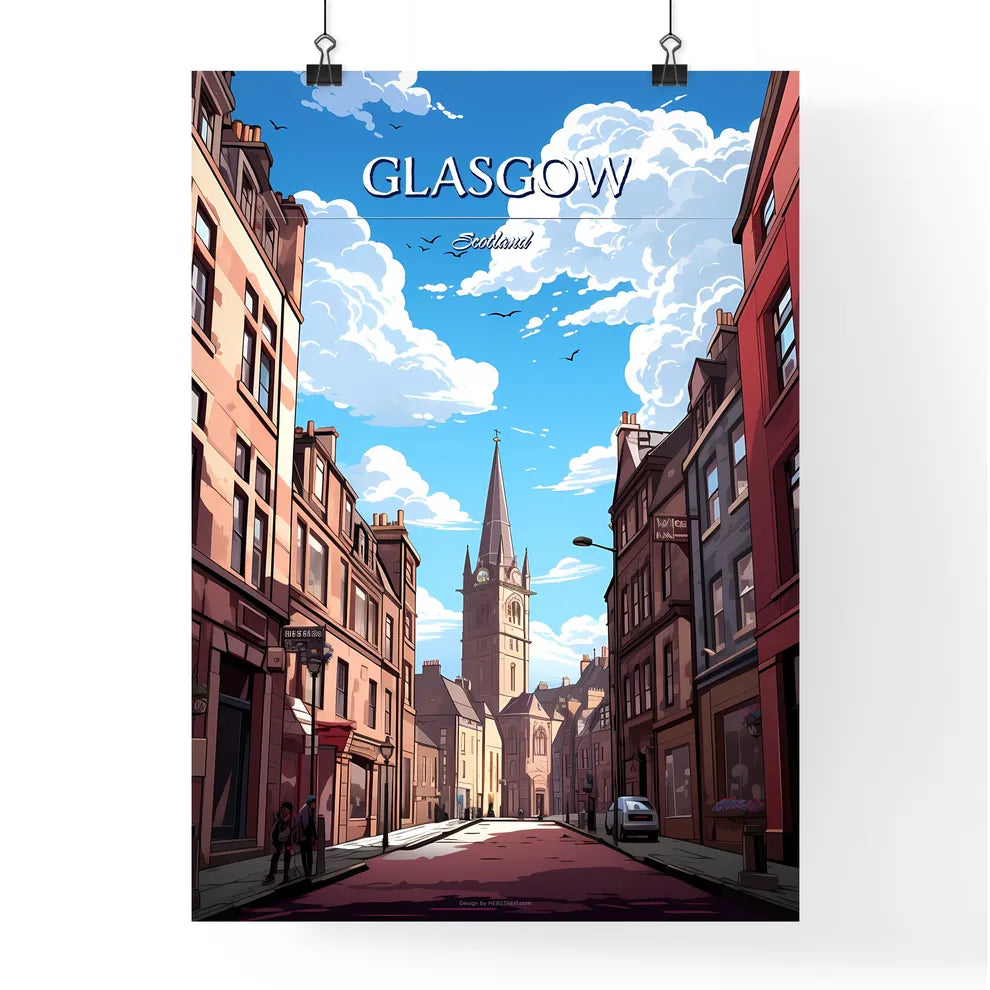 Glasgow, Scotland - Art print of a street with buildings and a tall tower Poster