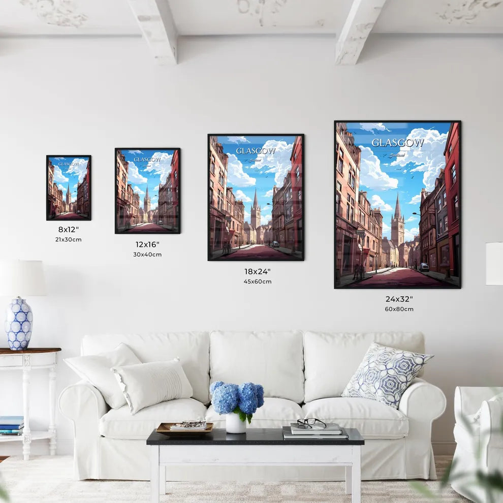 Glasgow, Scotland - Art print of a street with buildings and a tall tower Size Chart