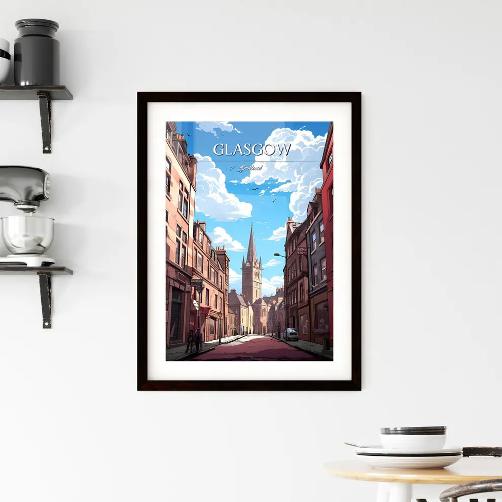 Glasgow, Scotland - Art print of a street with buildings and a tall tower Custom Print