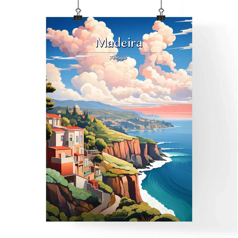 Madeira, Portugal - Art print of a landscape of a cliff with buildings and trees on it Poster
