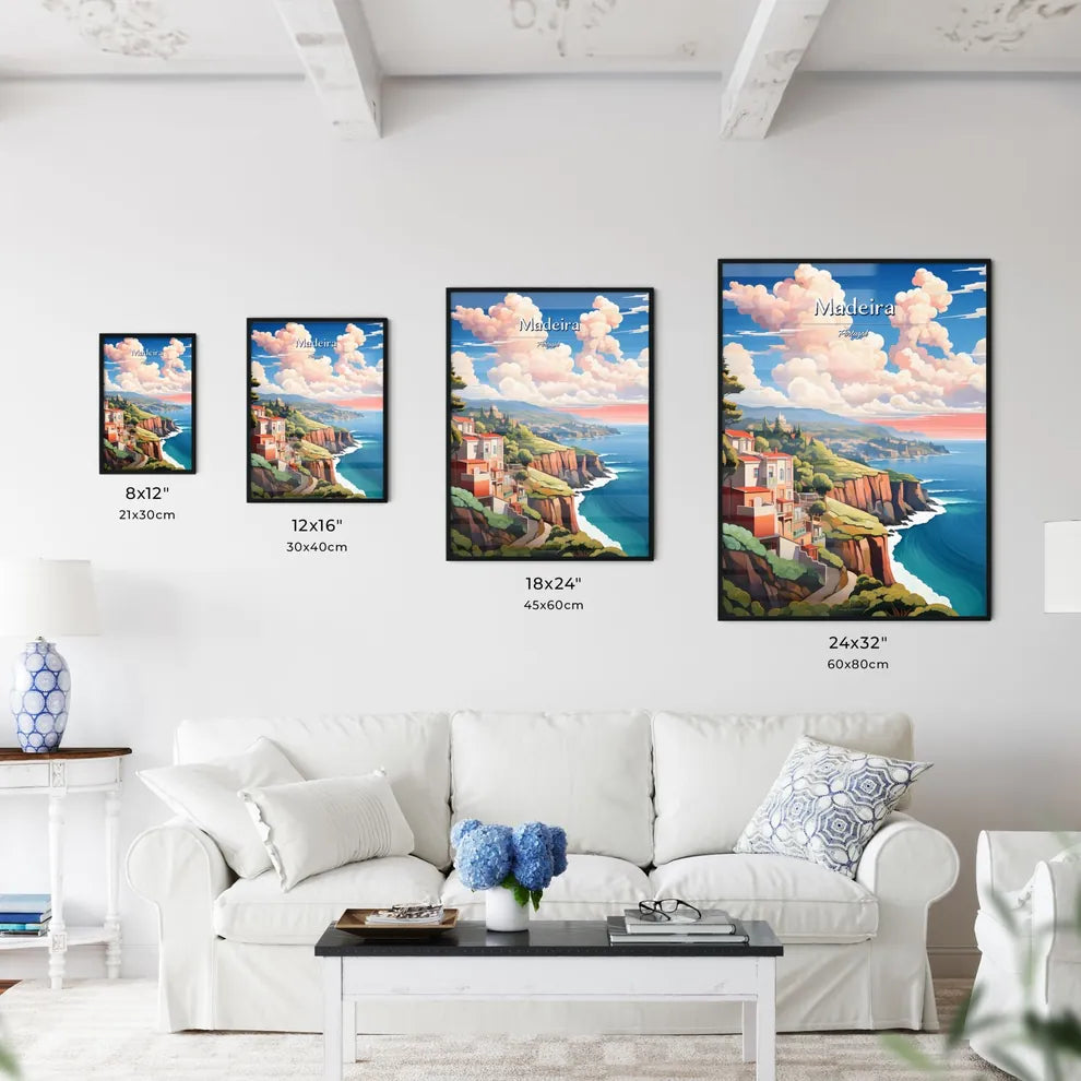 Madeira, Portugal - Art print of a landscape of a cliff with buildings and trees on it Size Chart