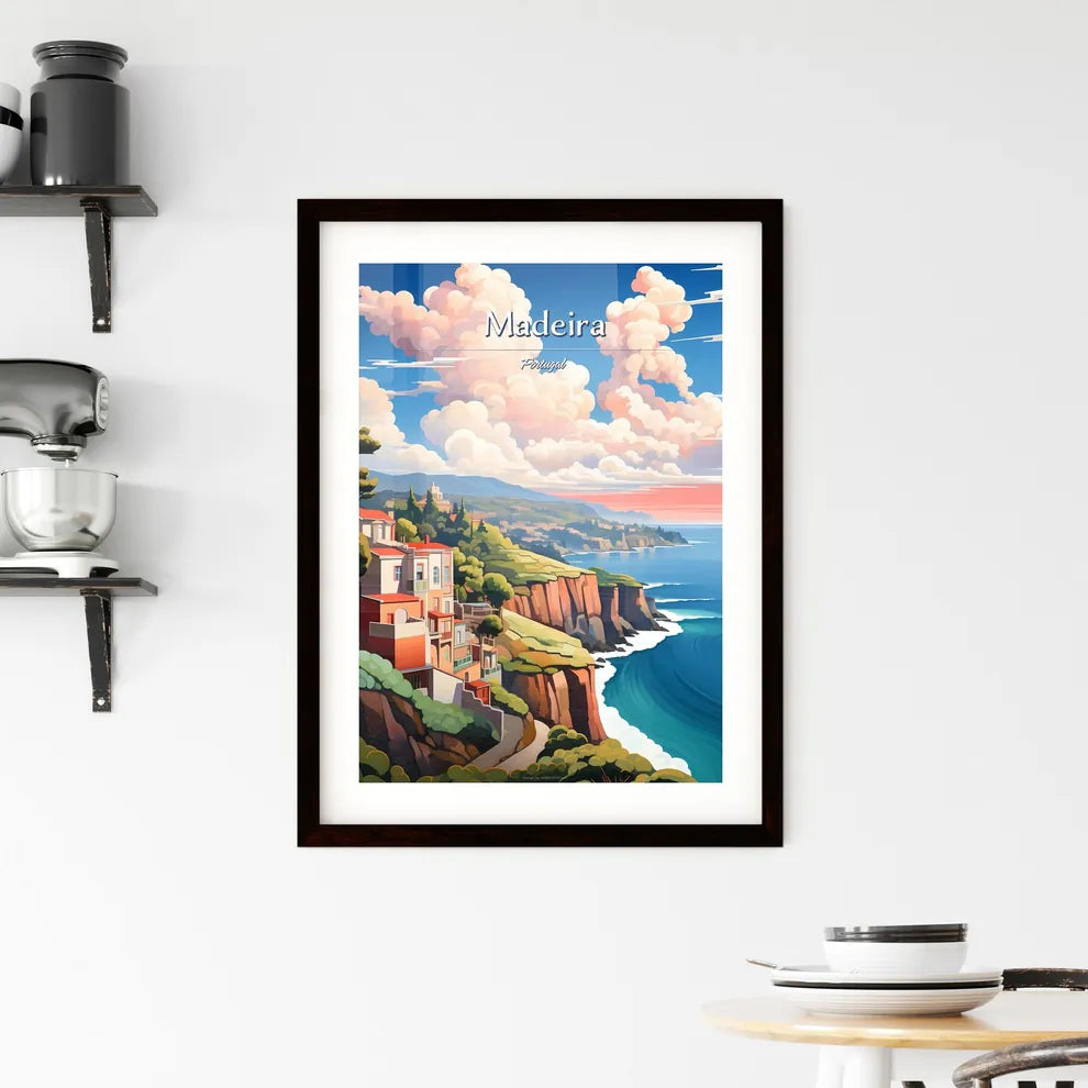 Madeira, Portugal - Art print of a landscape of a cliff with buildings and trees on it Custom Print