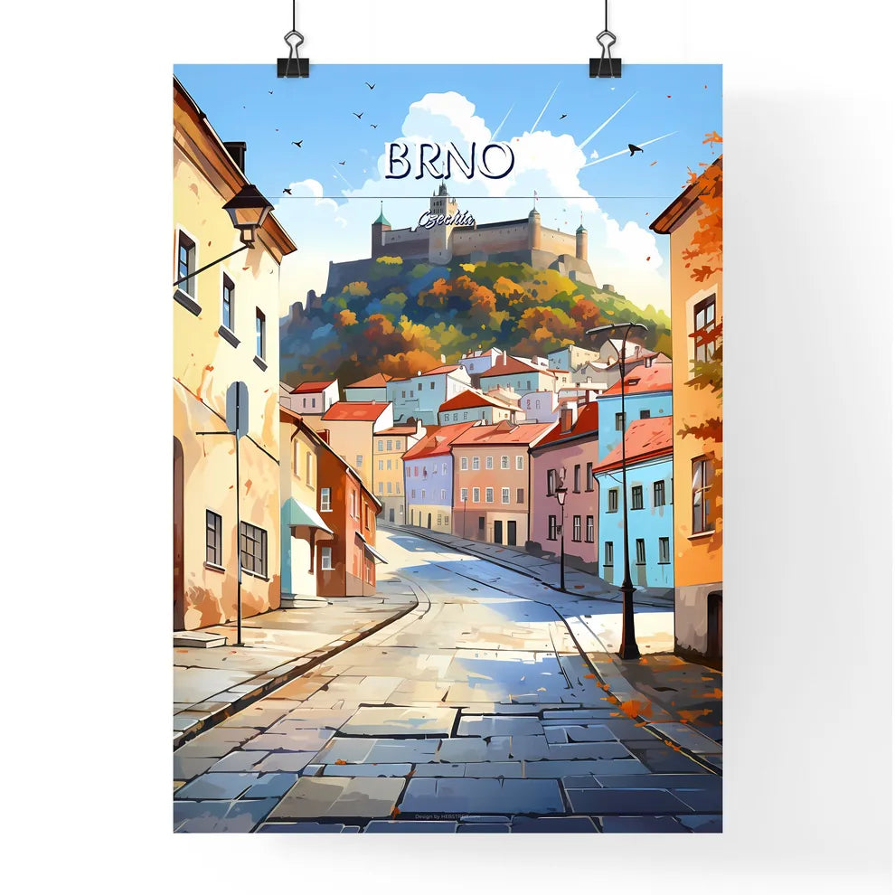Brno, Czechia - Art print of a street with buildings and a castle on the hill Poster