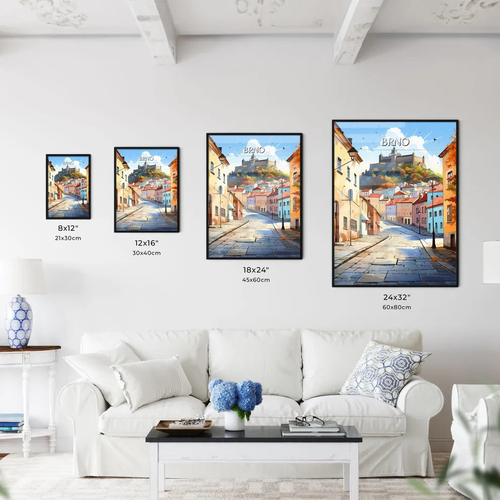 Brno, Czechia - Art print of a street with buildings and a castle on the hill Size Chart